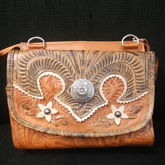 American West Desert Wildflower Small Tan Leather Crossbody Bag - Picture 2 of 9